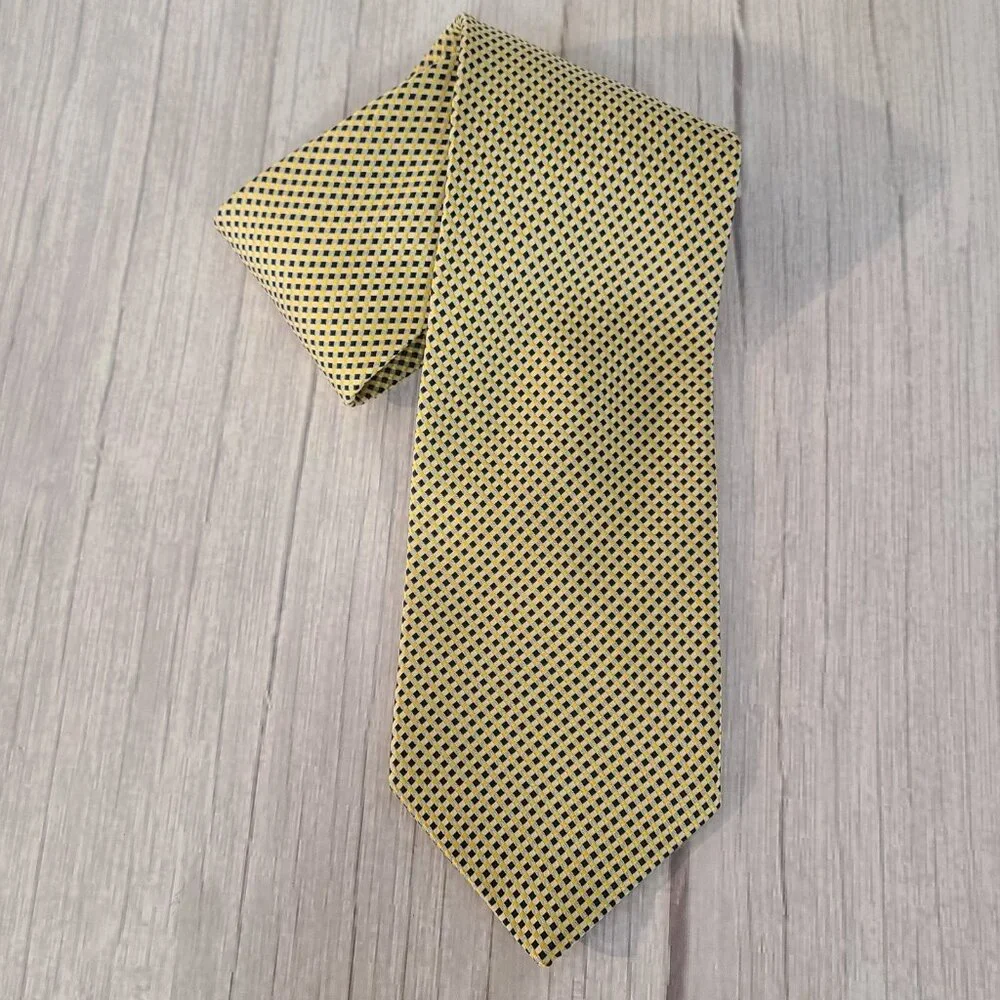 Ermenegildo Zegna Silk Necktie Yellow Navy Blue Tile Print Italy
